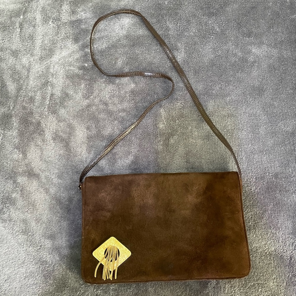 Vintage Block Suede Leather Handbag Purse Shoulder Bag Clutch